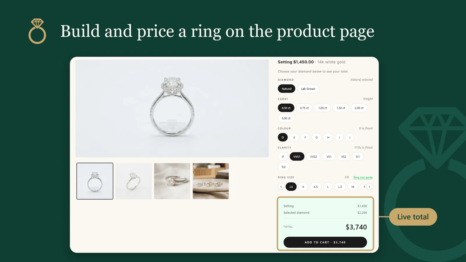 Build and price a ring on the product page